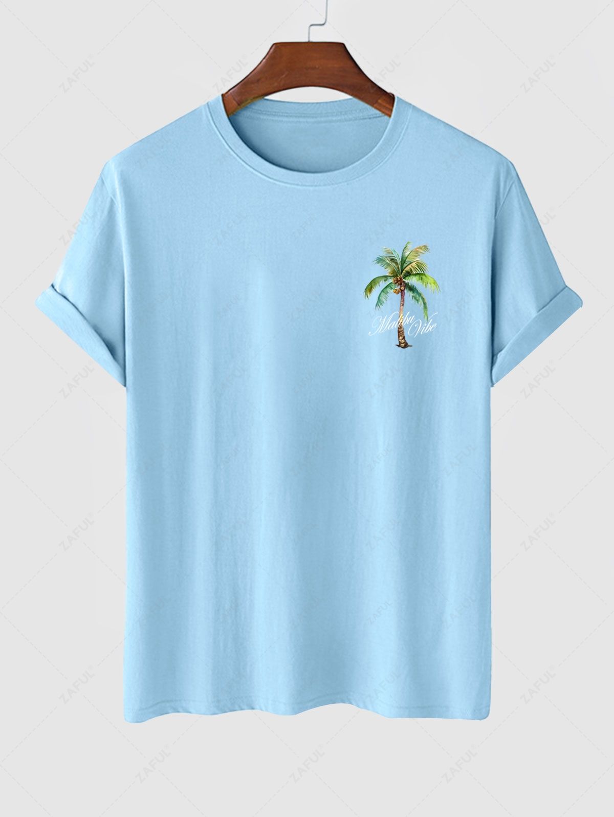 Men\'s Coconut Tree Sunrise California Letter Printed Short Sleeves T-shirt and Solid Color Basic Casual Shorts Set LIGHT BLUE BLUE WHITE - PURECLO