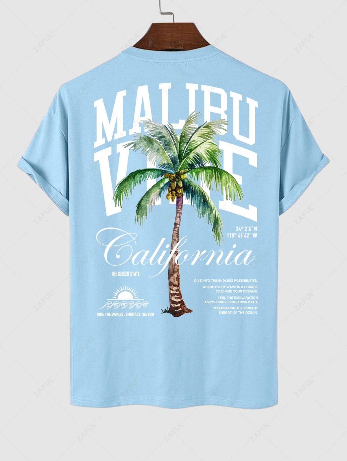 Men\'s Coconut Tree Sunrise California Letter Printed Short Sleeves T-shirt and Solid Color Basic Casual Shorts Set LIGHT BLUE BLUE WHITE - PURECLO