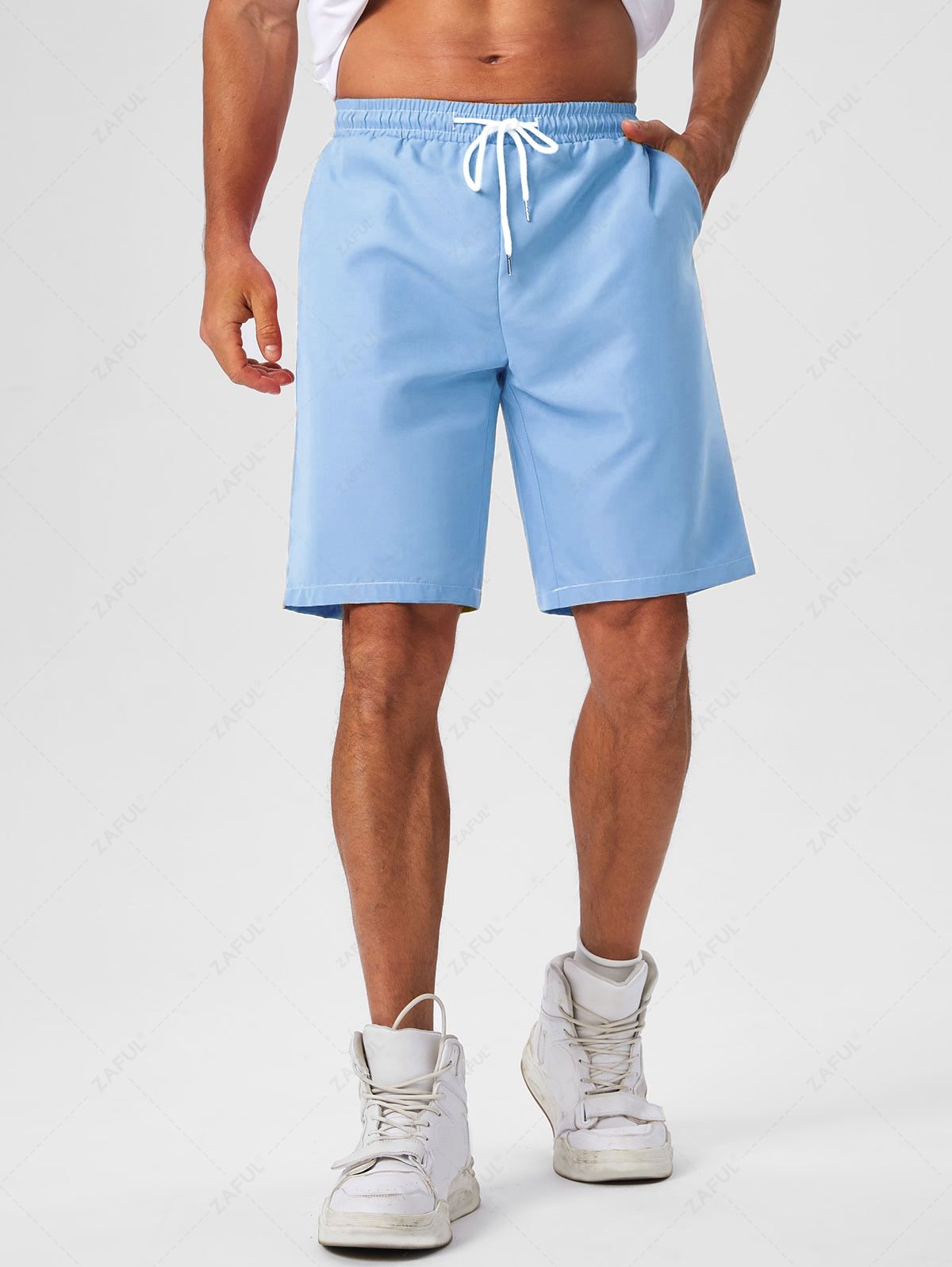 Men\'s Coconut Tree Sunrise California Letter Printed Short Sleeves T-shirt and Solid Color Basic Casual Shorts Set LIGHT BLUE BLUE WHITE - PURECLO