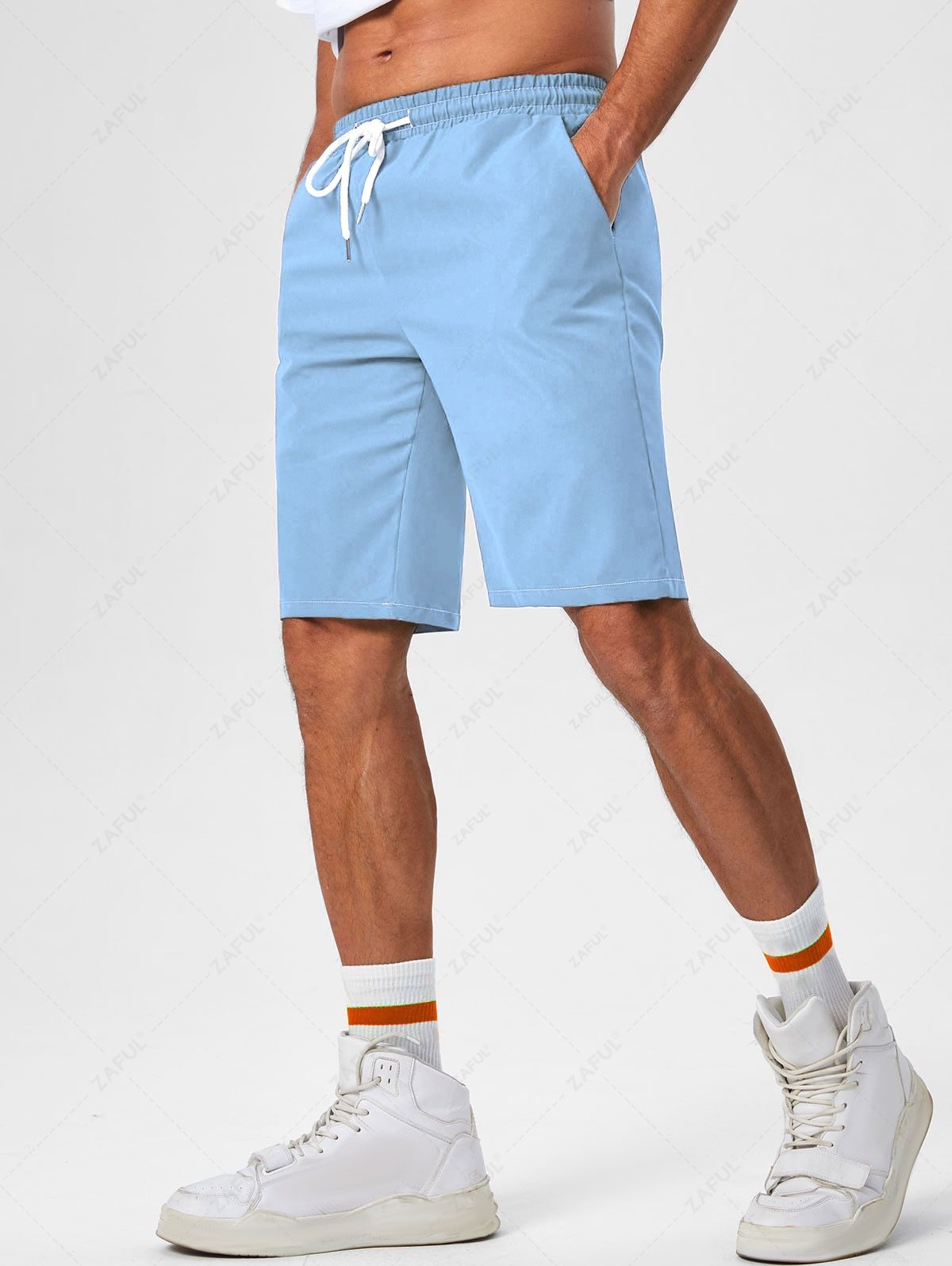 Men\'s Coconut Tree Sunrise California Letter Printed Short Sleeves T-shirt and Solid Color Basic Casual Shorts Set LIGHT BLUE BLUE WHITE - PURECLO