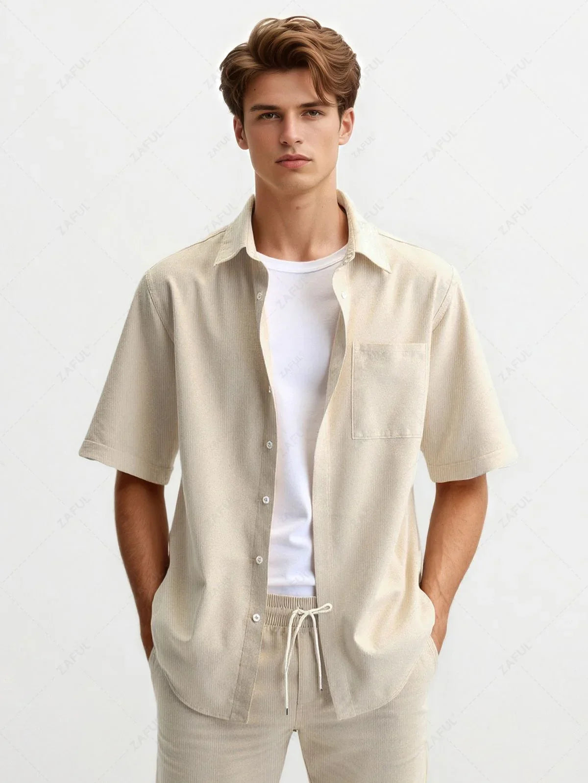Men\'s Front Pocket Design Solid Color Corduroy Short Sleeves Shirt and Minimalist Straight Leg Drawstring Casual Pants Set LIGHT COFFEE DEEP BLUE LIGHT GREEN - PURECLO