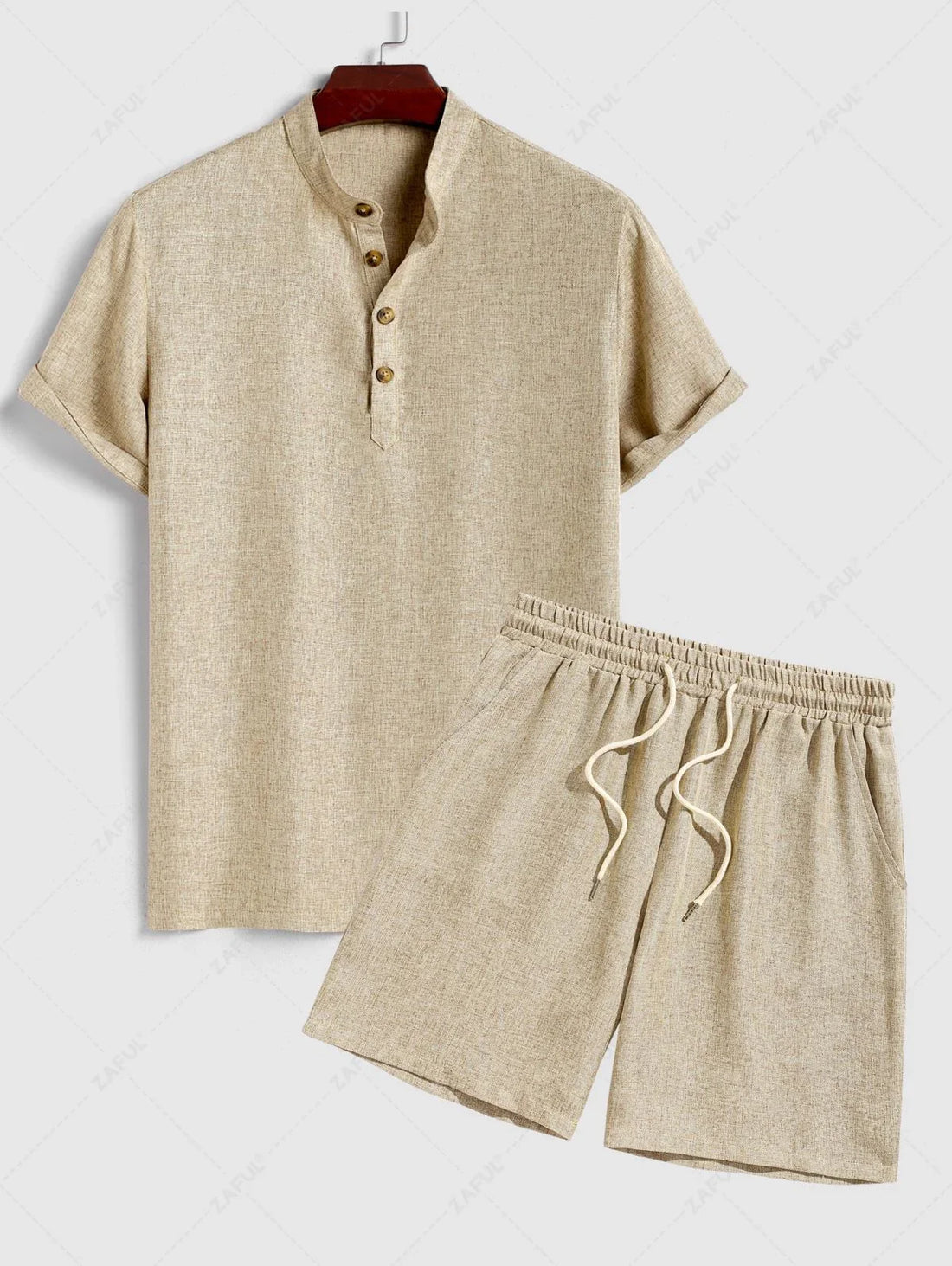 Men\'s Solid Color Linen Textured Stand Collar Half Buttoned Short Sleeves Shirt And Slant Pockets Drawstring Casual Shorts Set LIGHT COFFEE - PURECLO