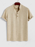 Men\'s Solid Color Linen Textured Stand Collar Half Buttoned Short Sleeves Shirt And Slant Pockets Drawstring Casual Shorts Set LIGHT COFFEE - PURECLO