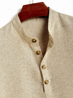 Men\'s Solid Color Linen Textured Stand Collar Half Buttoned Short Sleeves Shirt And Slant Pockets Drawstring Casual Shorts Set LIGHT COFFEE - PURECLO