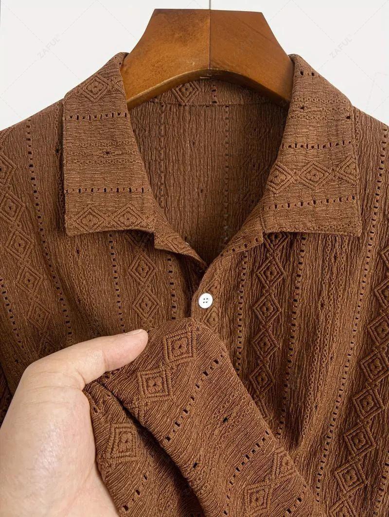 Men\'s Casual Textured Openwork Polo Collar Half Buttoned Short Sleeves Shirt And Cotton and Linen Straight Leg Pants Set LIGHT GREEN COFFEE - PURECLO