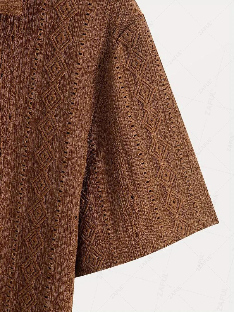 Men\'s Casual Textured Openwork Polo Collar Half Buttoned Short Sleeves Shirt And Cotton and Linen Straight Leg Pants Set LIGHT GREEN COFFEE - PURECLO