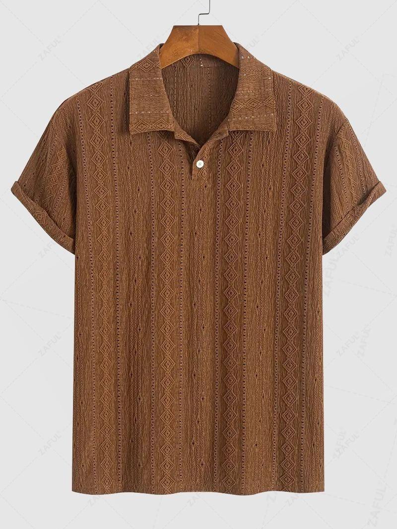 Men\'s Casual Textured Openwork Polo Collar Half Buttoned Short Sleeves Shirt And Cotton and Linen Straight Leg Pants Set LIGHT GREEN COFFEE - PURECLO