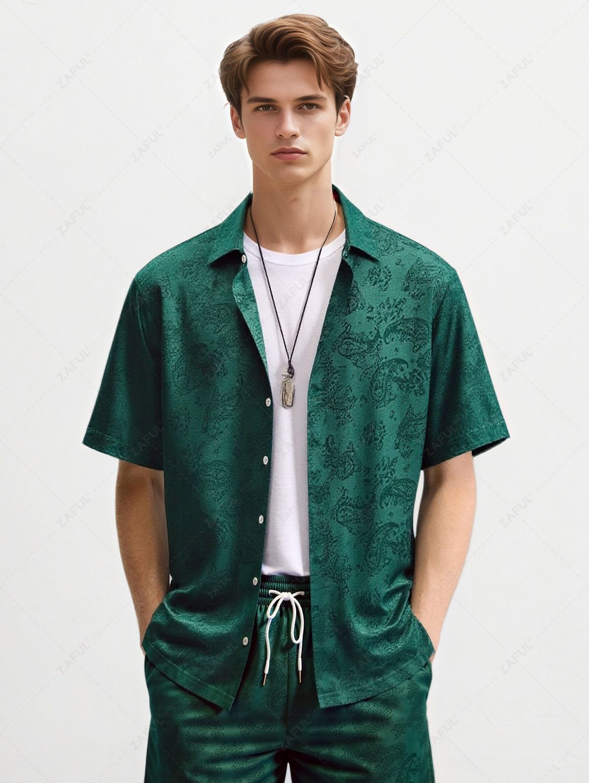 Men\'s Button Up Short Sleeves Paisley Jacquard Silky Satin Shirt and Drawstring Pockets Casual Shorts Set DEEP GREEN BLACK - PURECLO