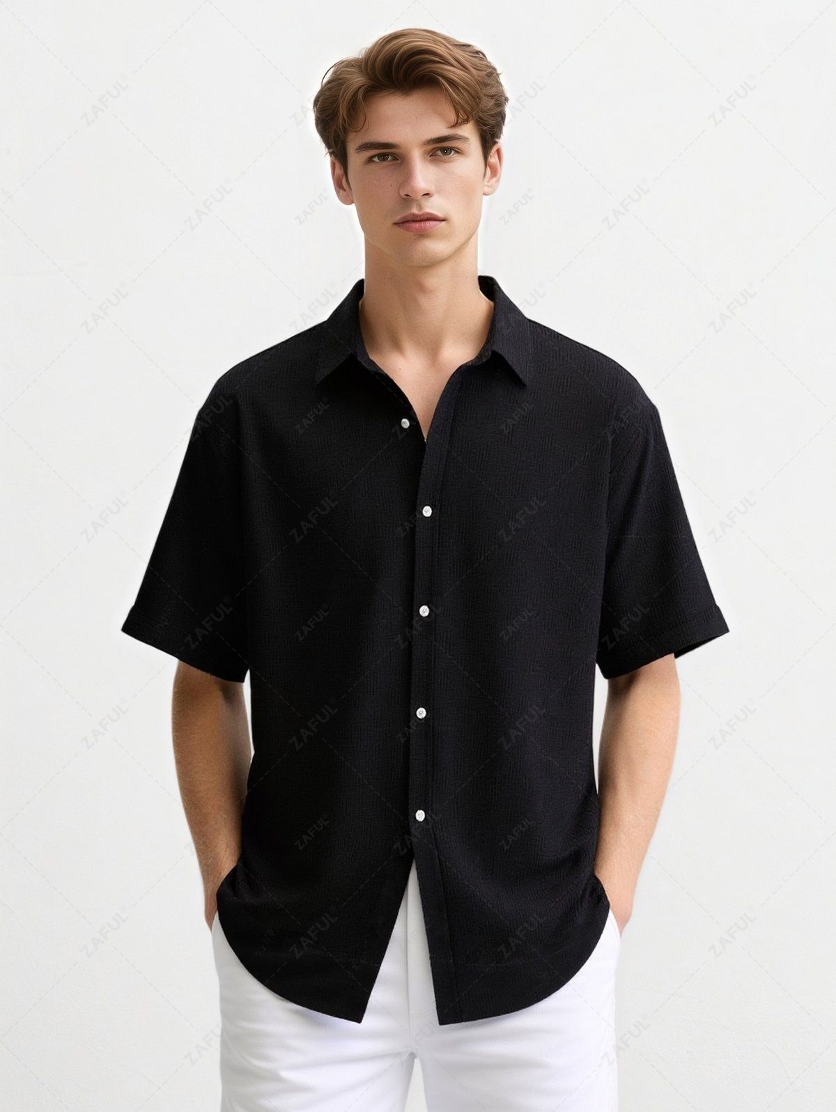 Men\'s Cross Knot Jacquard Textured Button Up Short Sleeves Shirt and Cotton and Linen Straight Leg Pants Set BLACK WHITE - PURECLO