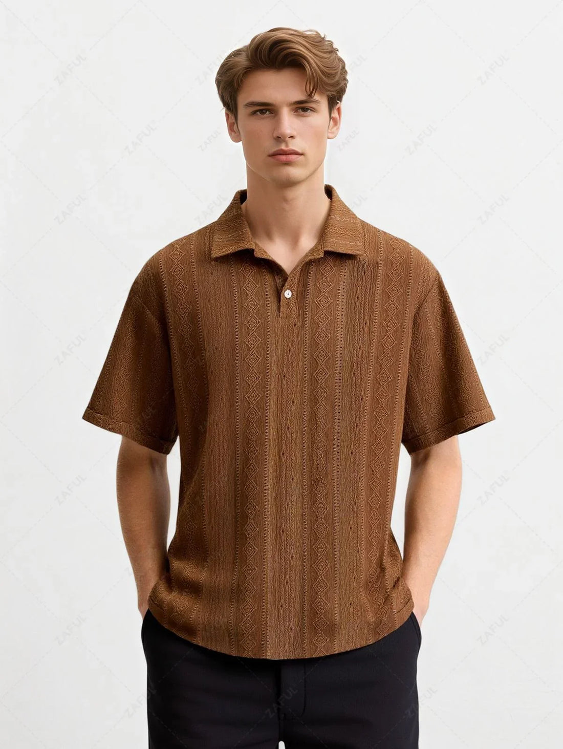 Men\'s Casual Textured Openwork Polo Collar Half Buttoned Short Sleeves Shirt And Cotton and Linen Straight Leg Pants Set LIGHT GREEN COFFEE - PURECLO