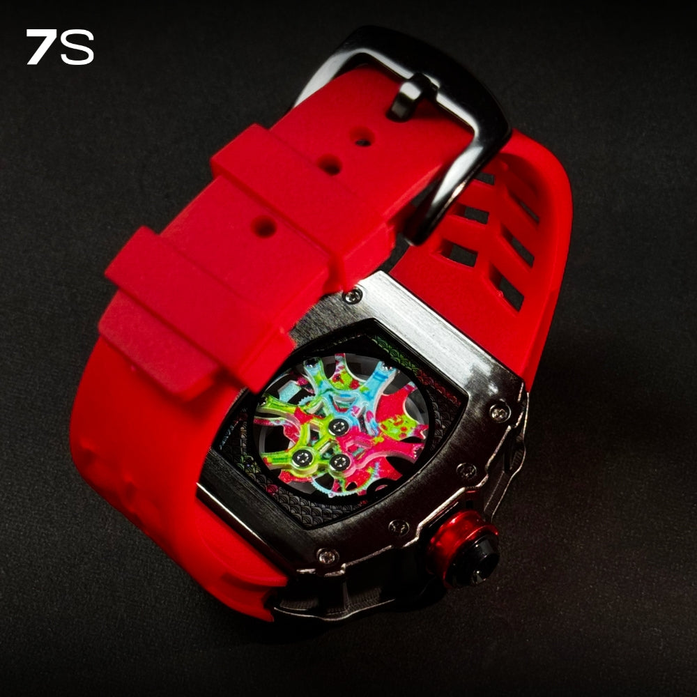 Relógio masculino 7SUIT Graffiti com caixa preta escovada, mostrador colorido estilo grafite e pulseira de silicone preta. Visual ousado para homens com personalidade forte.