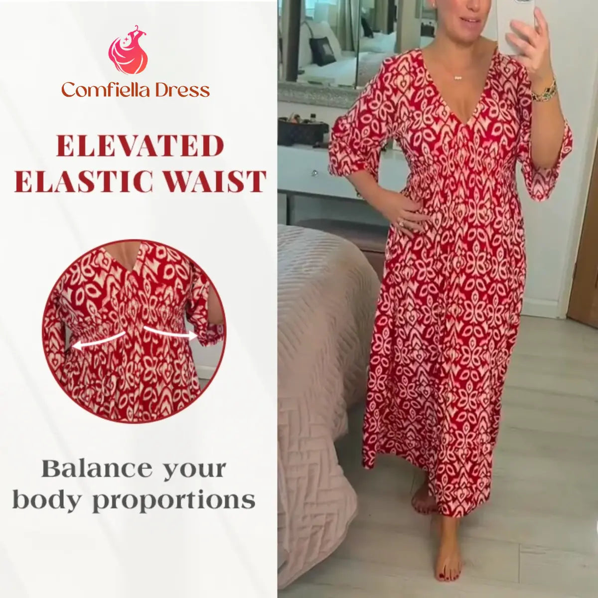 Bohemian Casual Print V-Neck Shirred Waist Long Dress – Last Day Sale 70% OFF