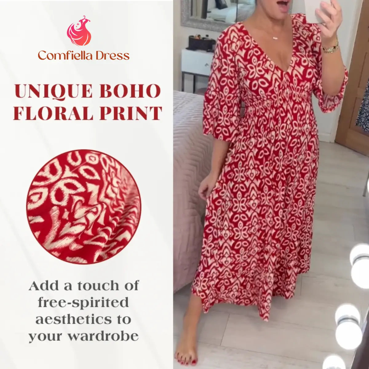 Bohemian Casual Print V-Neck Shirred Waist Long Dress – Last Day Sale 70% OFF