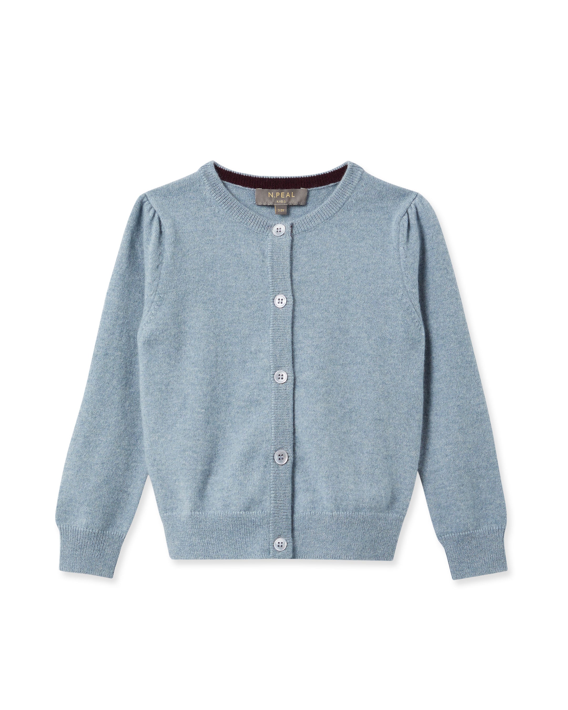 N.Peal Girls Round Neck Cashmere Cardigan Heather Blue