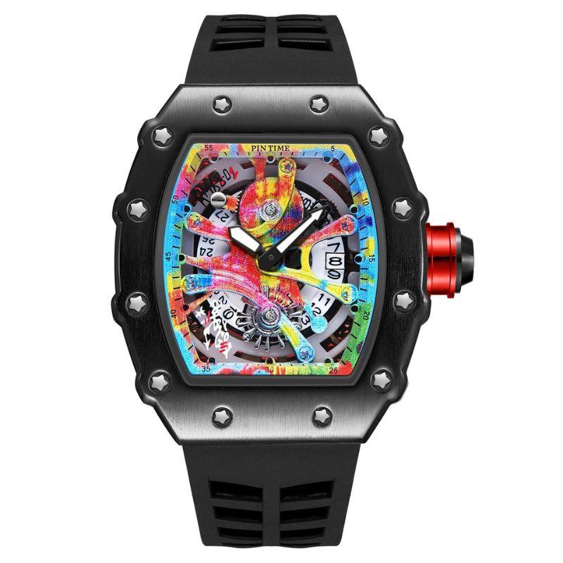 Relógio masculino 7SUIT Graffiti com caixa preta escovada, mostrador colorido estilo grafite e pulseira de silicone preta. Visual ousado para homens com personalidade forte.