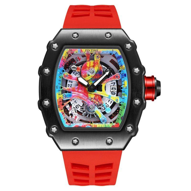 Relógio masculino 7SUIT Graffiti com caixa preta escovada, mostrador colorido estilo grafite e pulseira de silicone preta. Visual ousado para homens com personalidade forte.