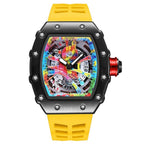 Relógio masculino 7SUIT Graffiti com caixa preta escovada, mostrador colorido estilo grafite e pulseira de silicone preta. Visual ousado para homens com personalidade forte.