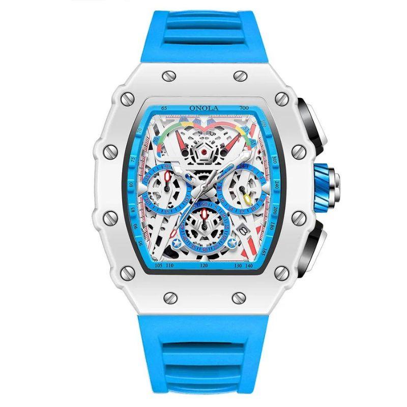 Relógio masculino 7SUIT Orono com caixa branca, detalhes em azul, pulseira ajustável e mostrador esportivo. Sofisticação à prova d’água para homens com personalidade marcante.