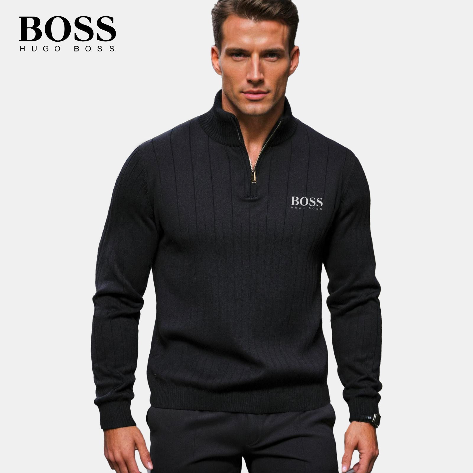PureClo™ HB Zip-Up Sweater in Black – minimalist design crafted for timeless elegance and quiet luxury.