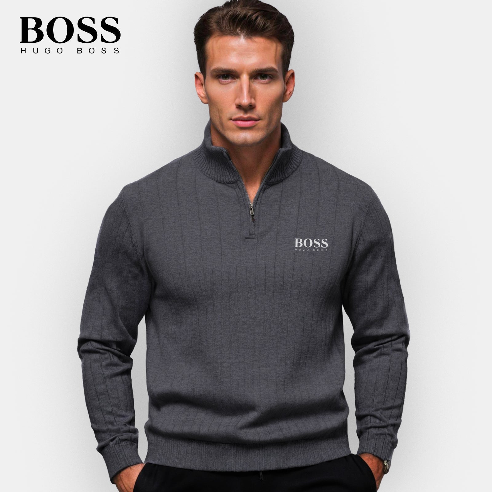 PureClo™ HB Zip-Up Sweater in Gray – refined men’s knitwear combining comfort, warmth, and understated luxury.